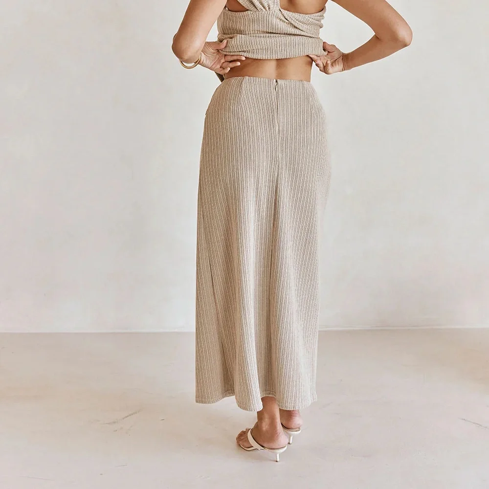NWT SABO Nina Boho Knot-Front Ribbed Knit Hight Waisted Beige Split Maxi Skirt - Picture 5 of 14